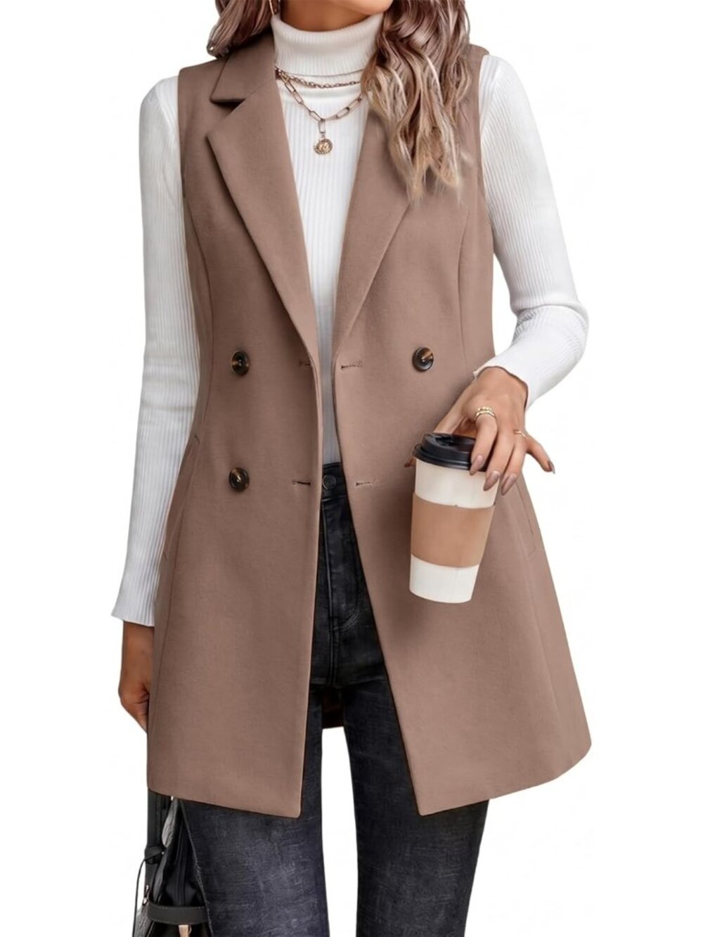 Women Dark Khaki Notch Collar Sleeveless Cardigan Outerwear Blazer Fall Jackets